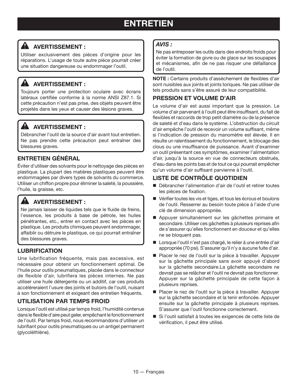 Entretien | Ryobi YG100P User Manual | Page 20 / 36