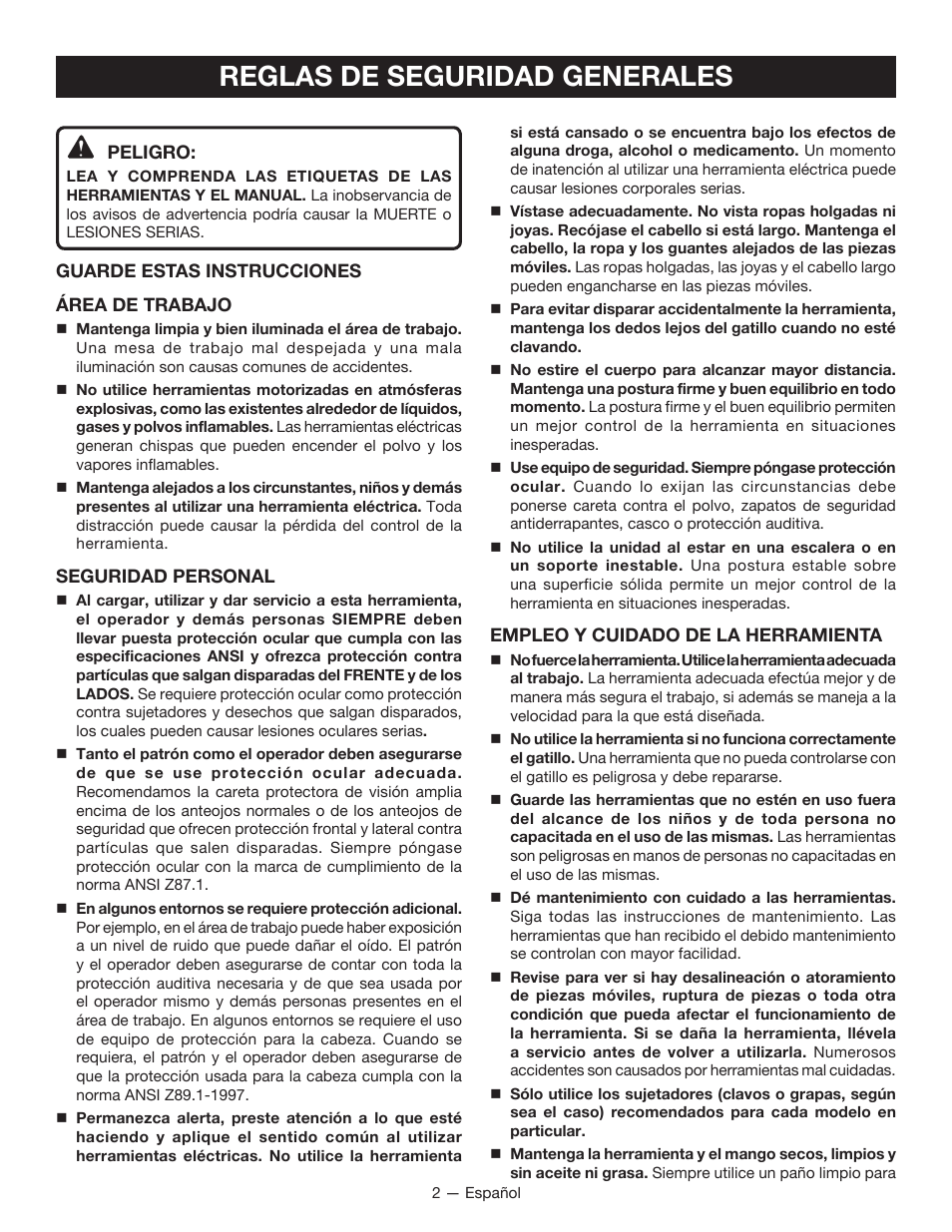 Reglas de seguridad generales | Ryobi YG100P User Manual | Page 22 / 36