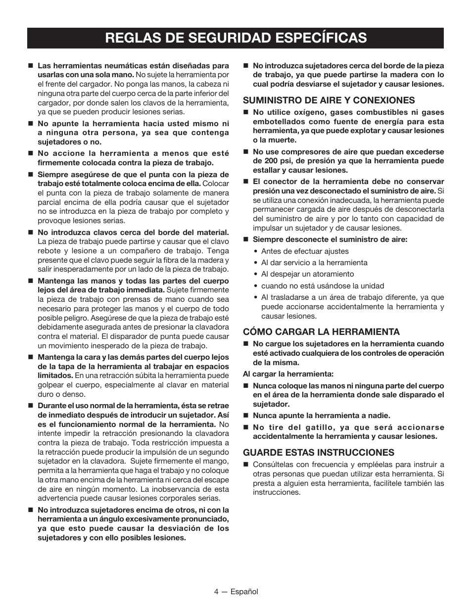 Reglas de seguridad específicas | Ryobi YG100P User Manual | Page 24 / 36