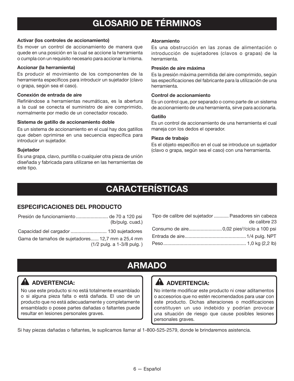 Glosario de términos, Características, Armado | Ryobi YG100P User Manual | Page 26 / 36