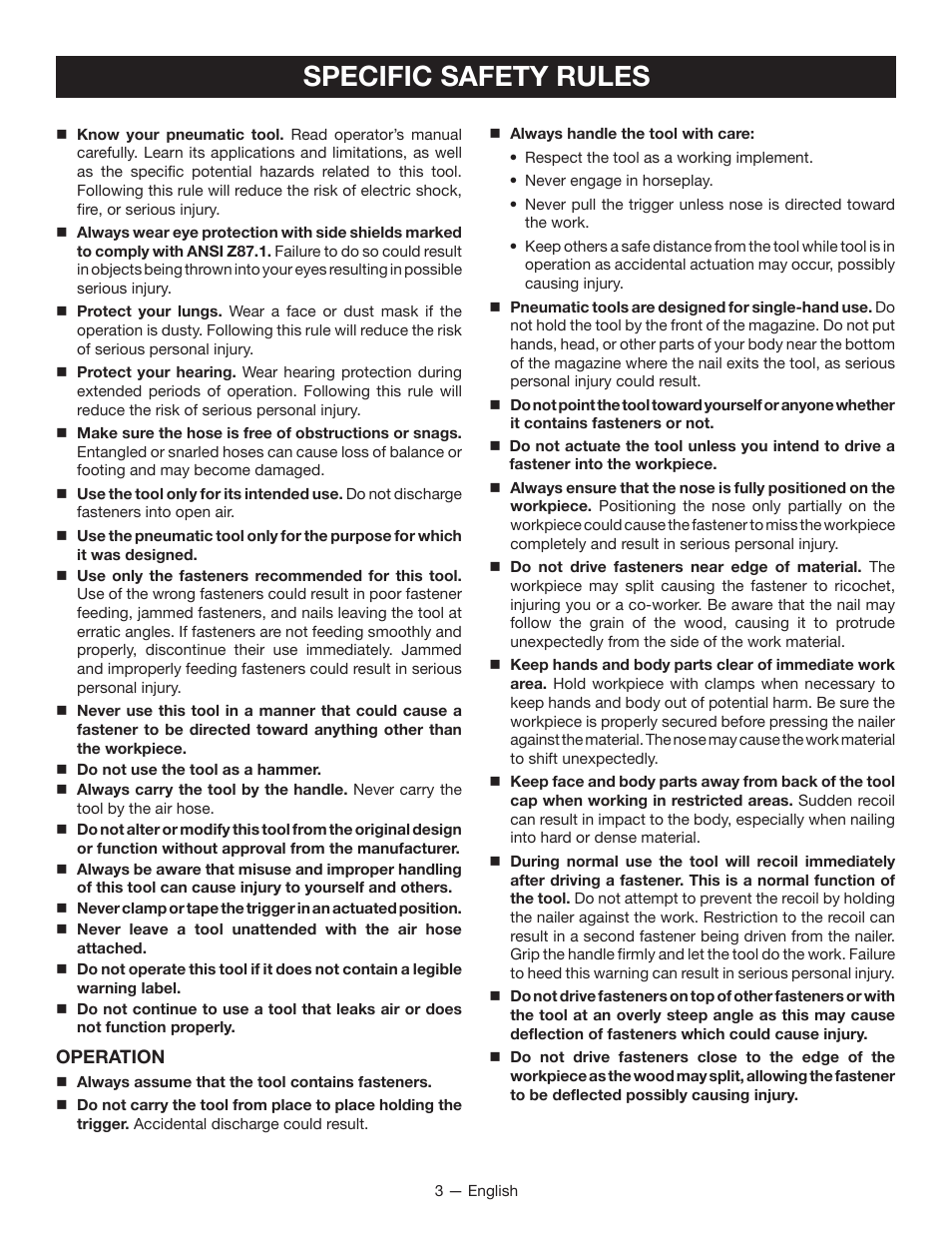 Specific safety rules | Ryobi YG100P User Manual | Page 3 / 36