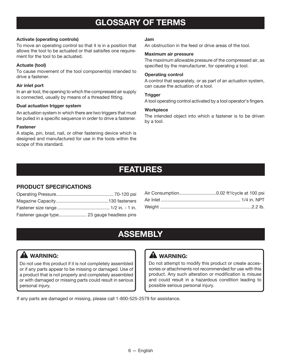 Glossary of terms, Features, Assembly | Ryobi YG100P User Manual | Page 6 / 36