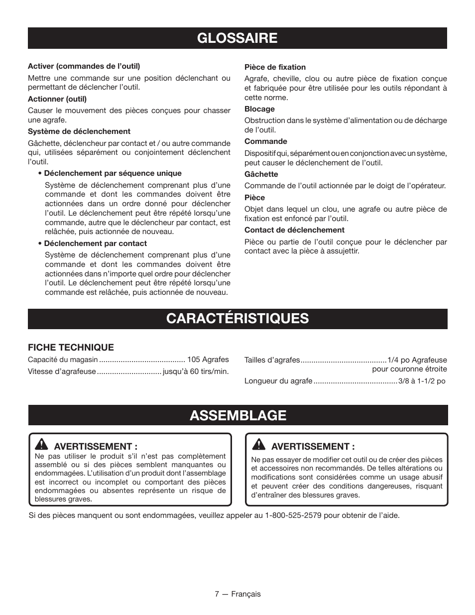 Glossaire, Caractéristiques, Assemblage | Ryobi P360 User Manual | Page 17 / 36