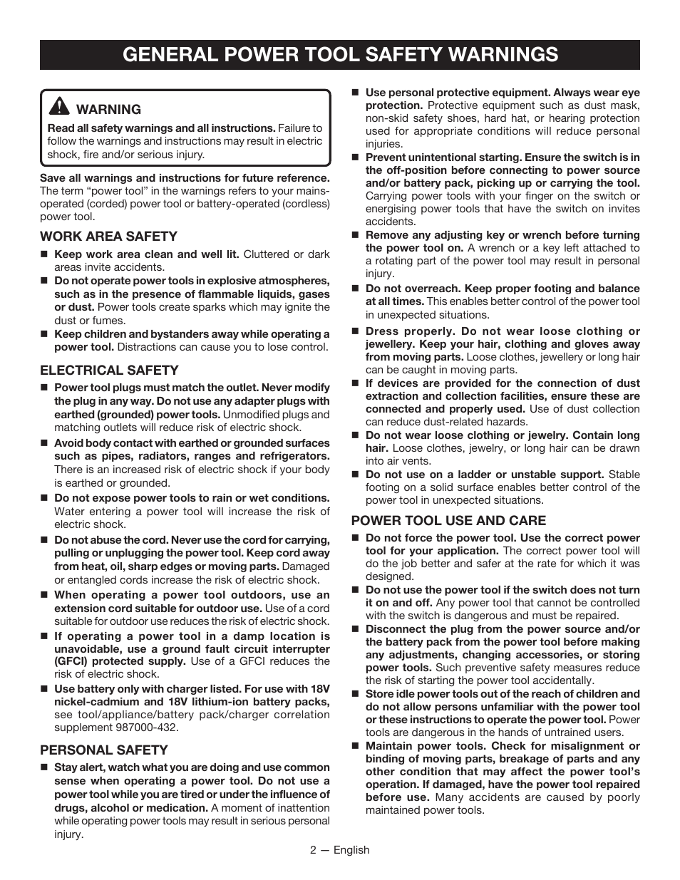 General power tool safety warnings | Ryobi P360 User Manual | Page 2 / 36