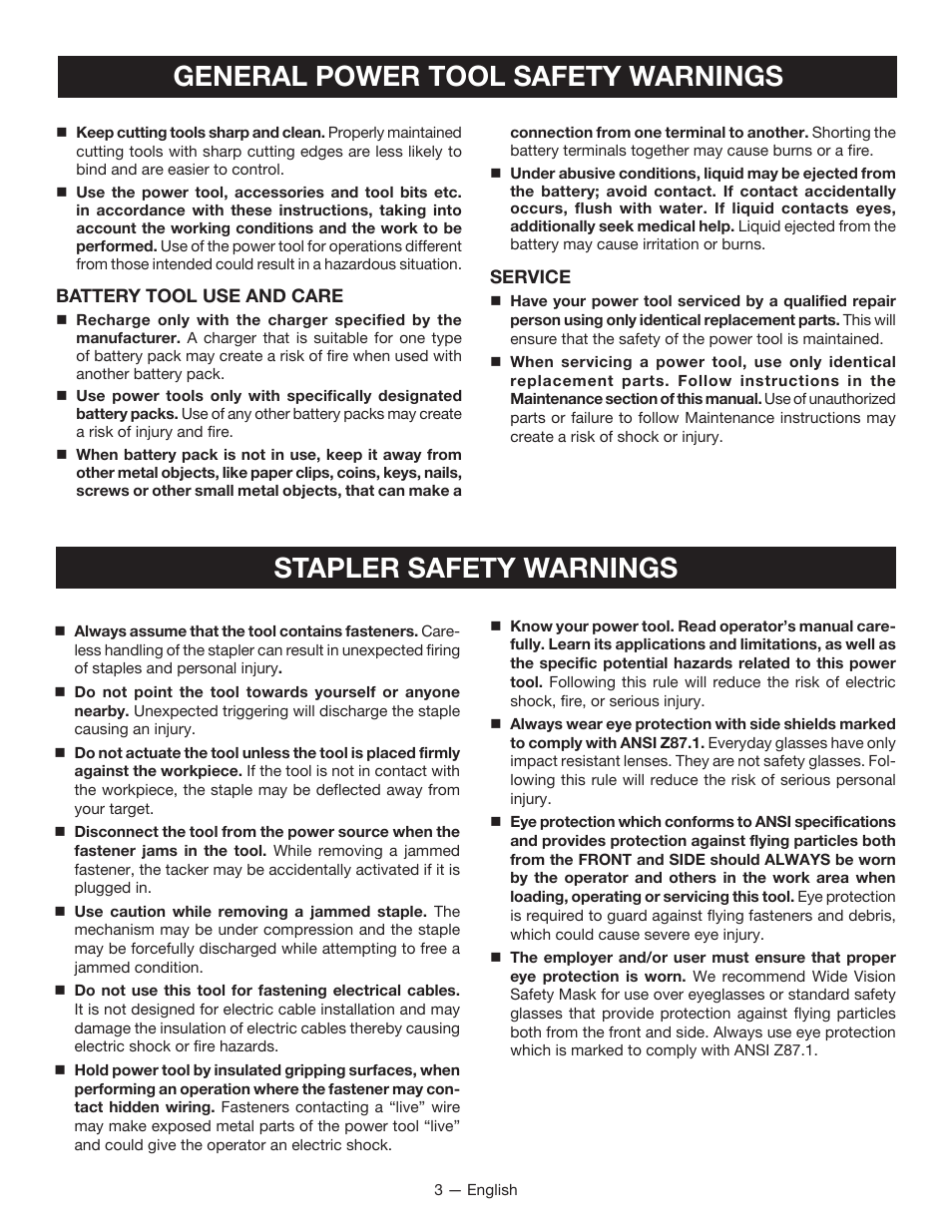 General power tool safety warnings, Stapler safety warnings | Ryobi P360 User Manual | Page 3 / 36