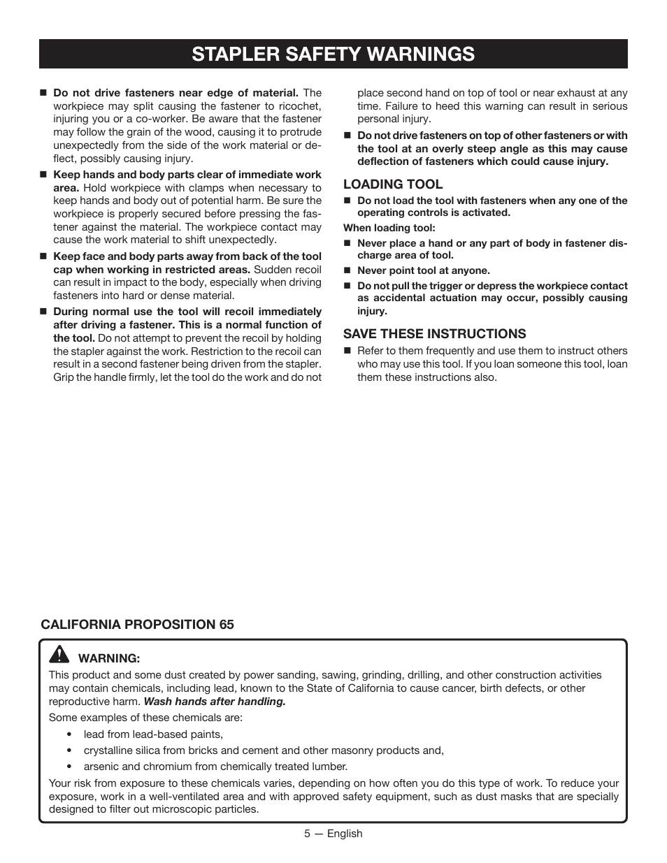 Stapler safety warnings | Ryobi P360 User Manual | Page 5 / 36