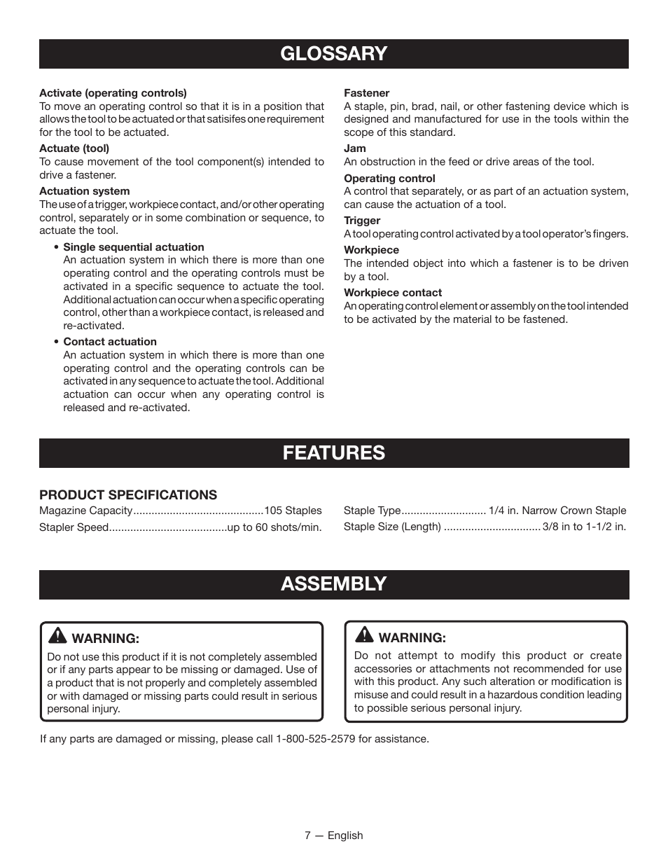 Glossary, Features, Assembly | Ryobi P360 User Manual | Page 7 / 36