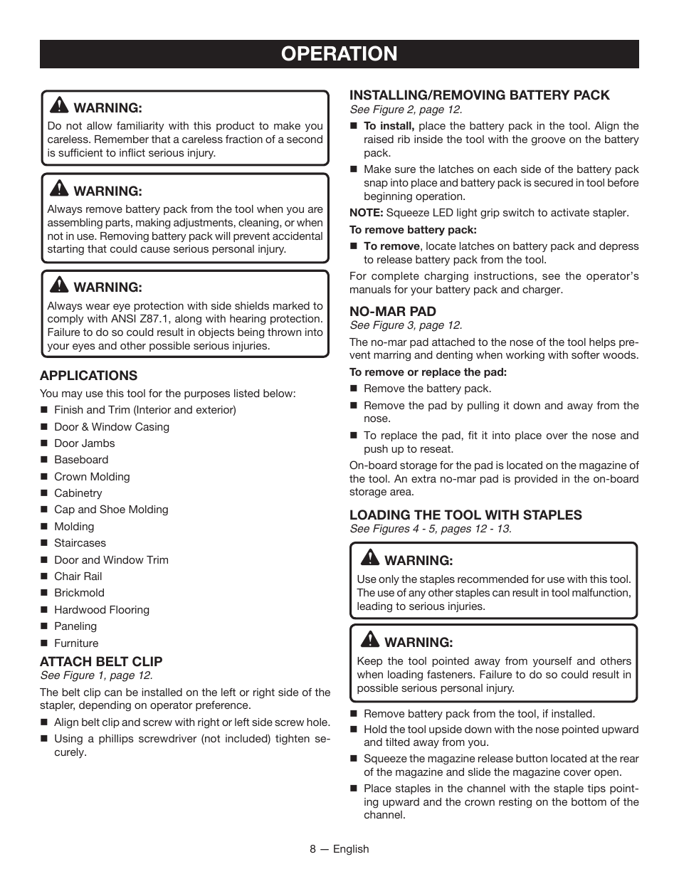 Operation | Ryobi P360 User Manual | Page 8 / 36