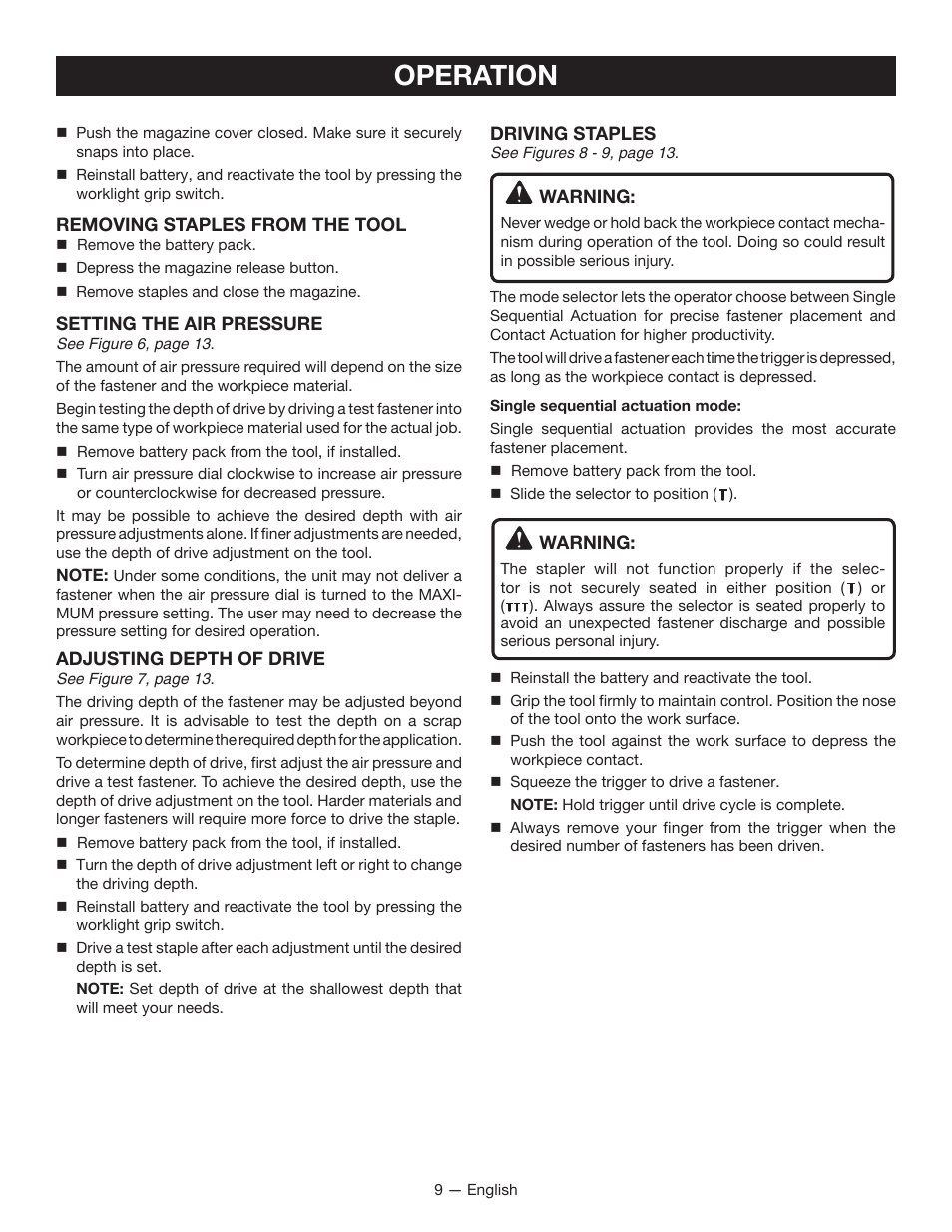 Operation | Ryobi P360 User Manual | Page 9 / 36