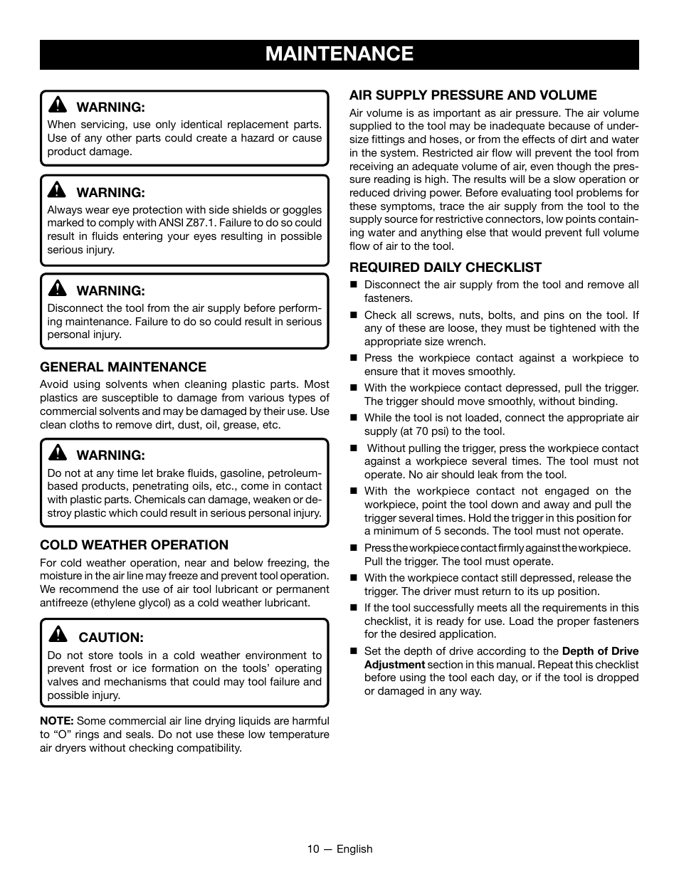 Maintenance | Ryobi YG125CS User Manual | Page 10 / 36