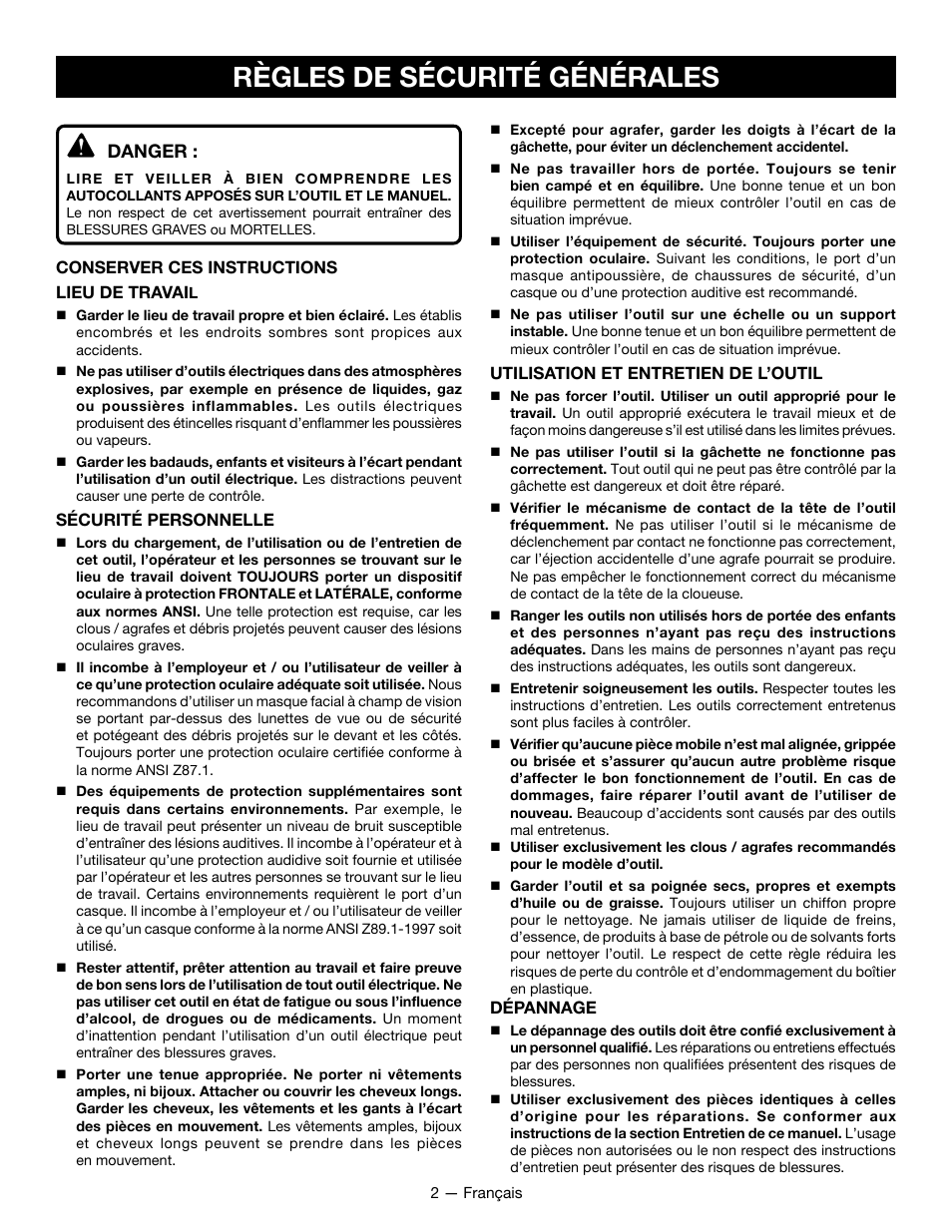 Règles de sécurité générales, Danger | Ryobi YG125CS User Manual | Page 12 / 36