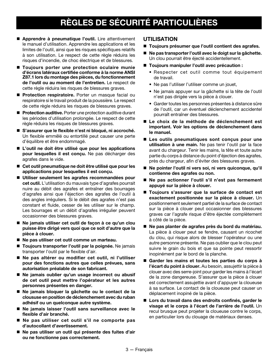 Règles de sécurité particulières | Ryobi YG125CS User Manual | Page 13 / 36