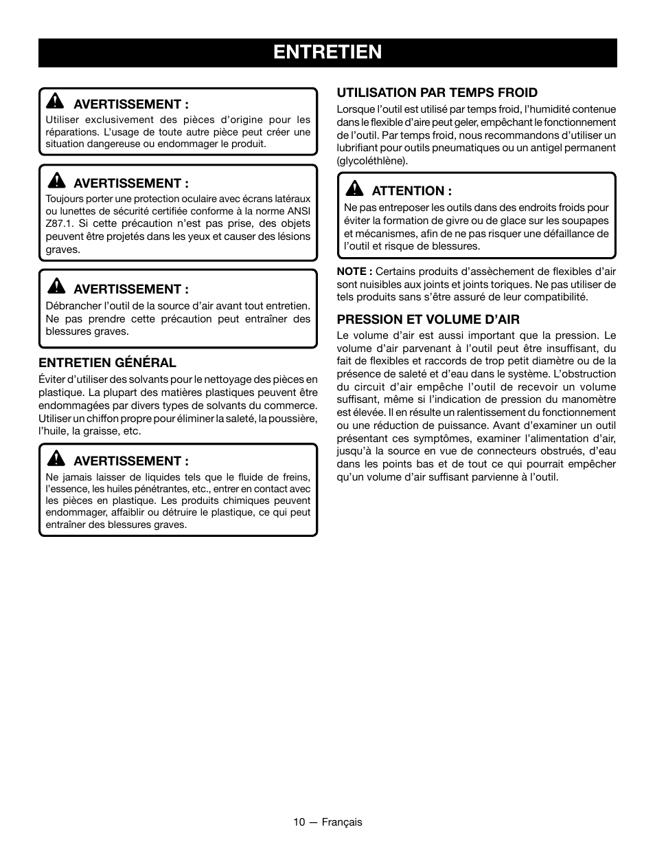 Entretien | Ryobi YG125CS User Manual | Page 20 / 36