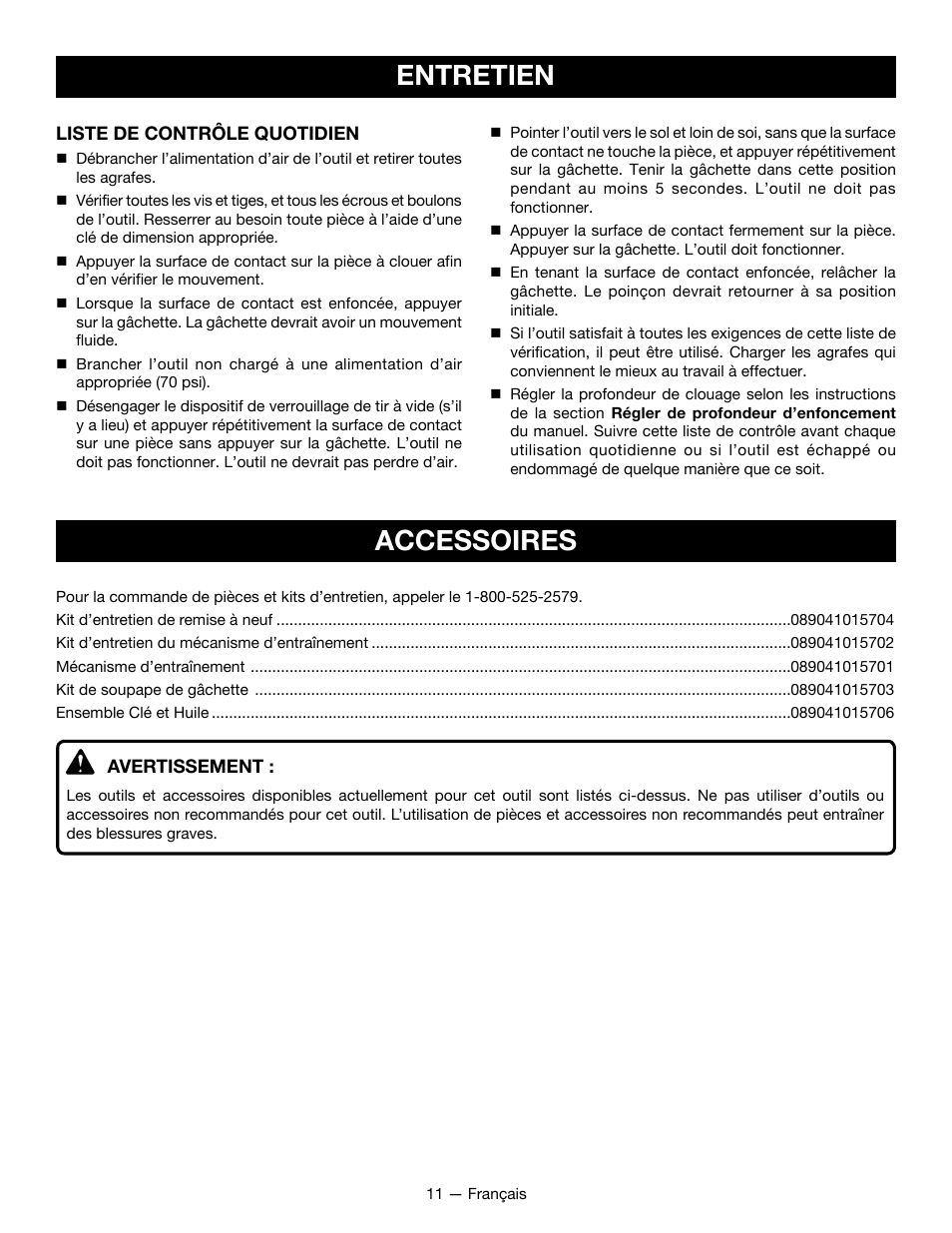 Entretien, Accessoires | Ryobi YG125CS User Manual | Page 21 / 36