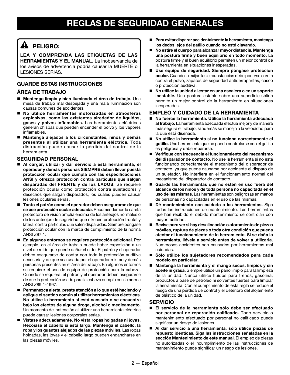 Reglas de seguridad generales, Peligro | Ryobi YG125CS User Manual | Page 23 / 36