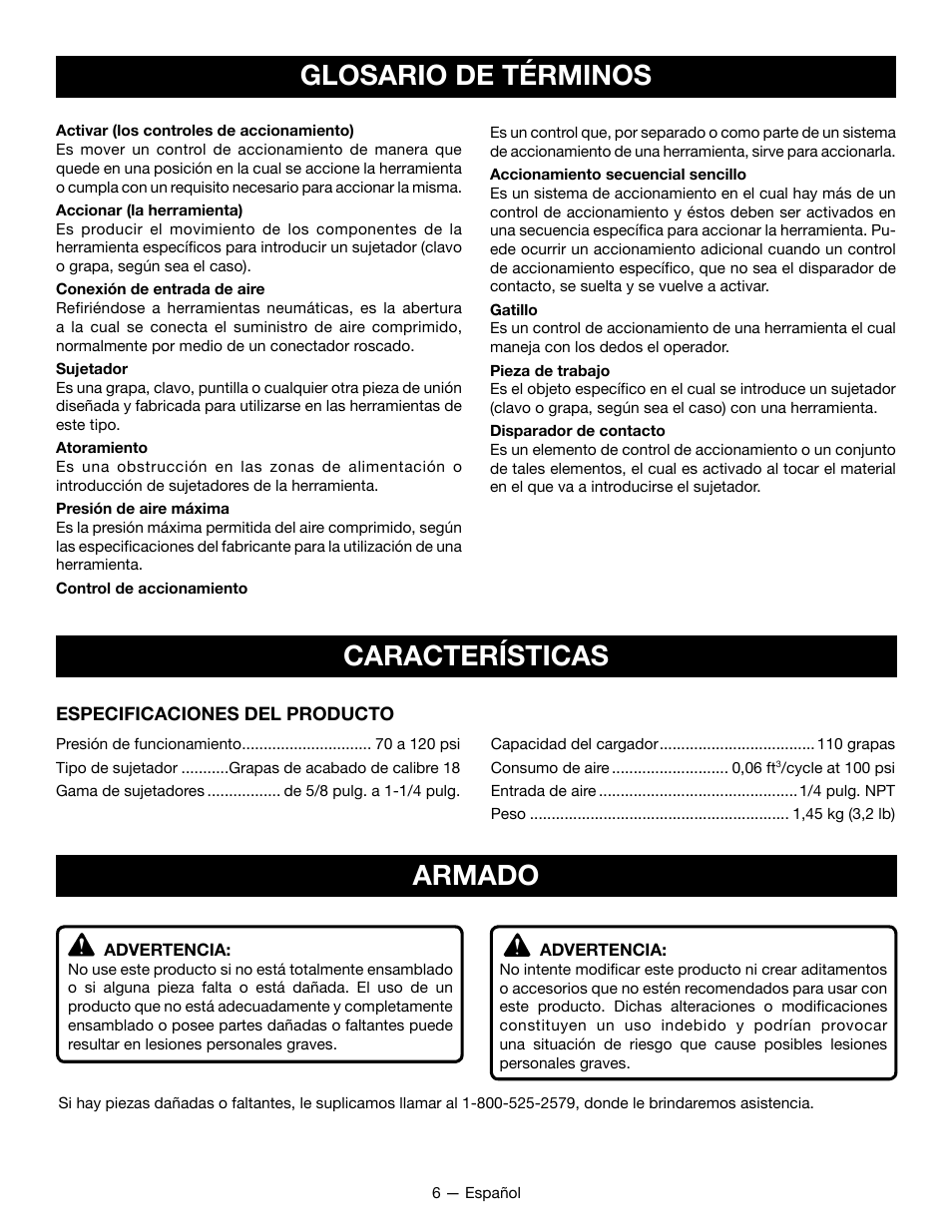Glosario de términos, Características armado | Ryobi YG125CS User Manual | Page 27 / 36