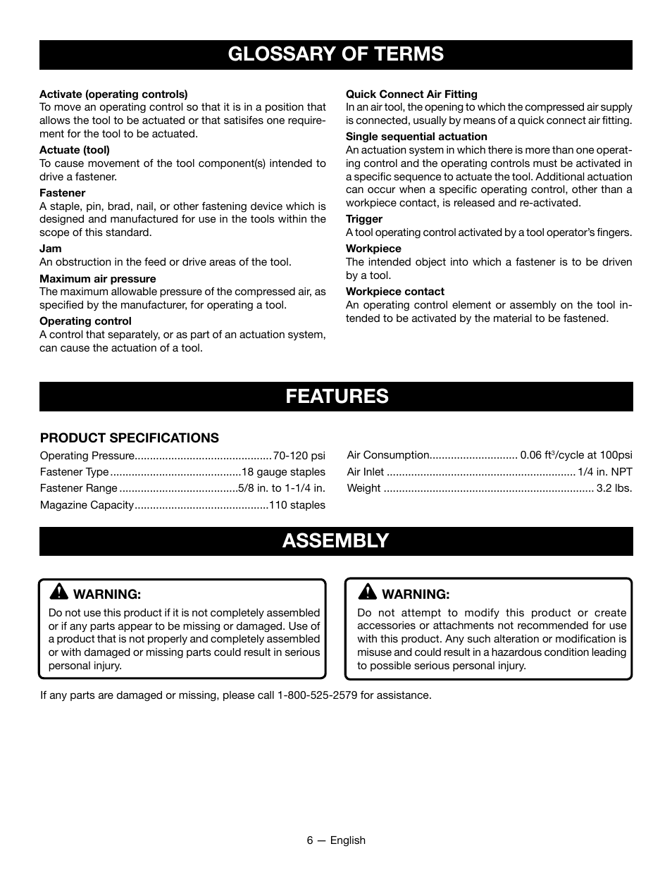 Glossary of terms, Features, Assembly | Ryobi YG125CS User Manual | Page 6 / 36