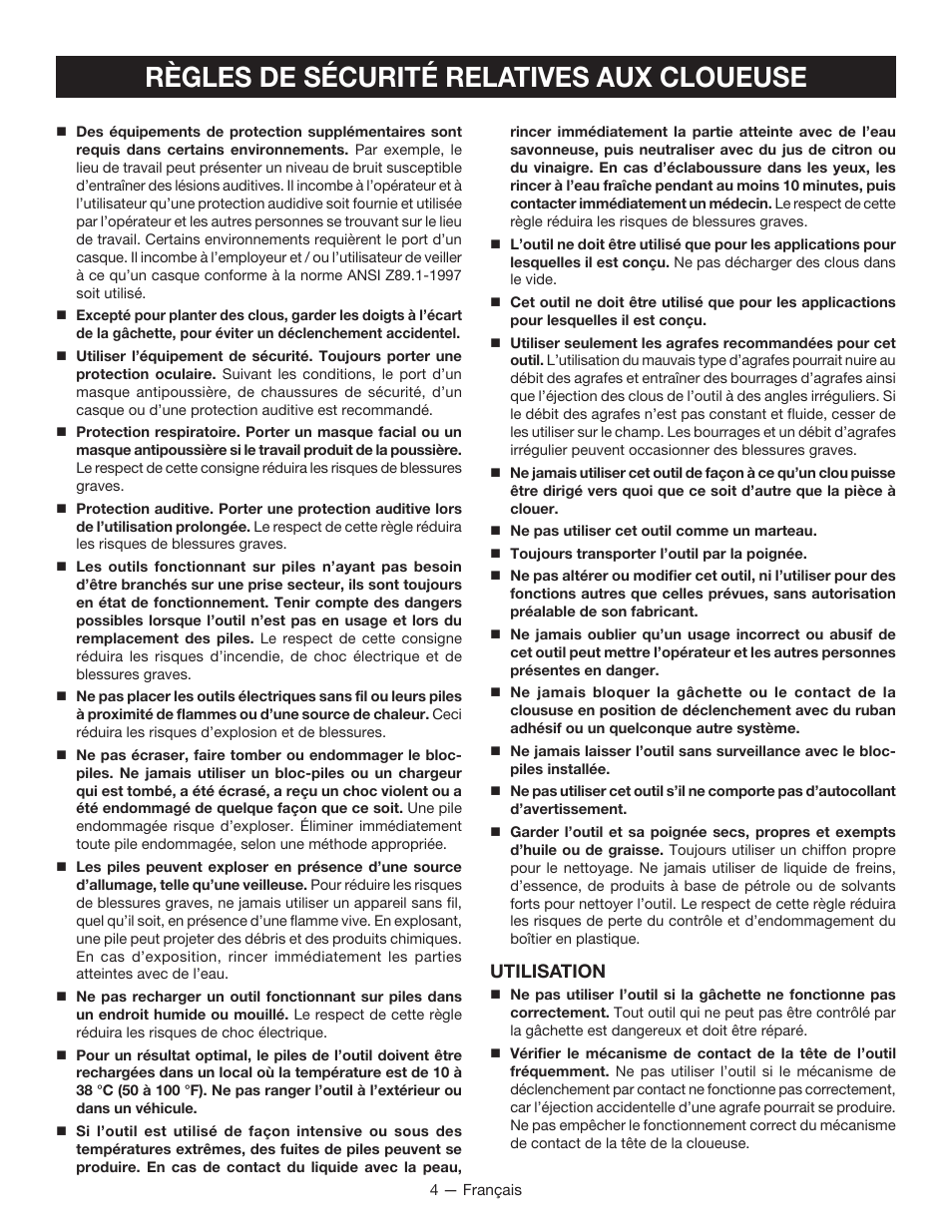 Règles de sécurité relatives aux cloueuse, Utilisation | Ryobi P325 User Manual | Page 14 / 36