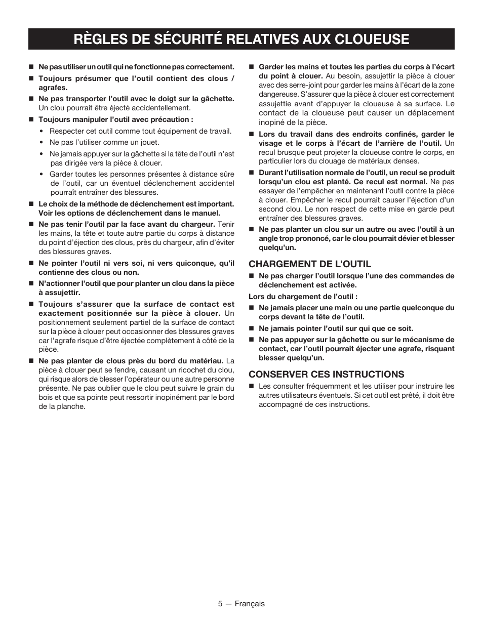 Règles de sécurité relatives aux cloueuse, Chargement de l’outil, Conserver ces instructions | Ryobi P325 User Manual | Page 15 / 36