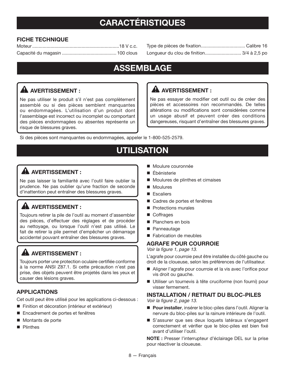Caractéristiques, Assemblage, Utilisation | Ryobi P325 User Manual | Page 18 / 36