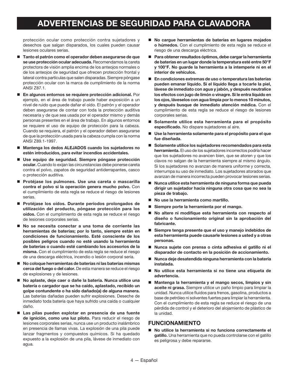 Advertencias de seguridad para clavadora, Funcionamiento | Ryobi P325 User Manual | Page 24 / 36