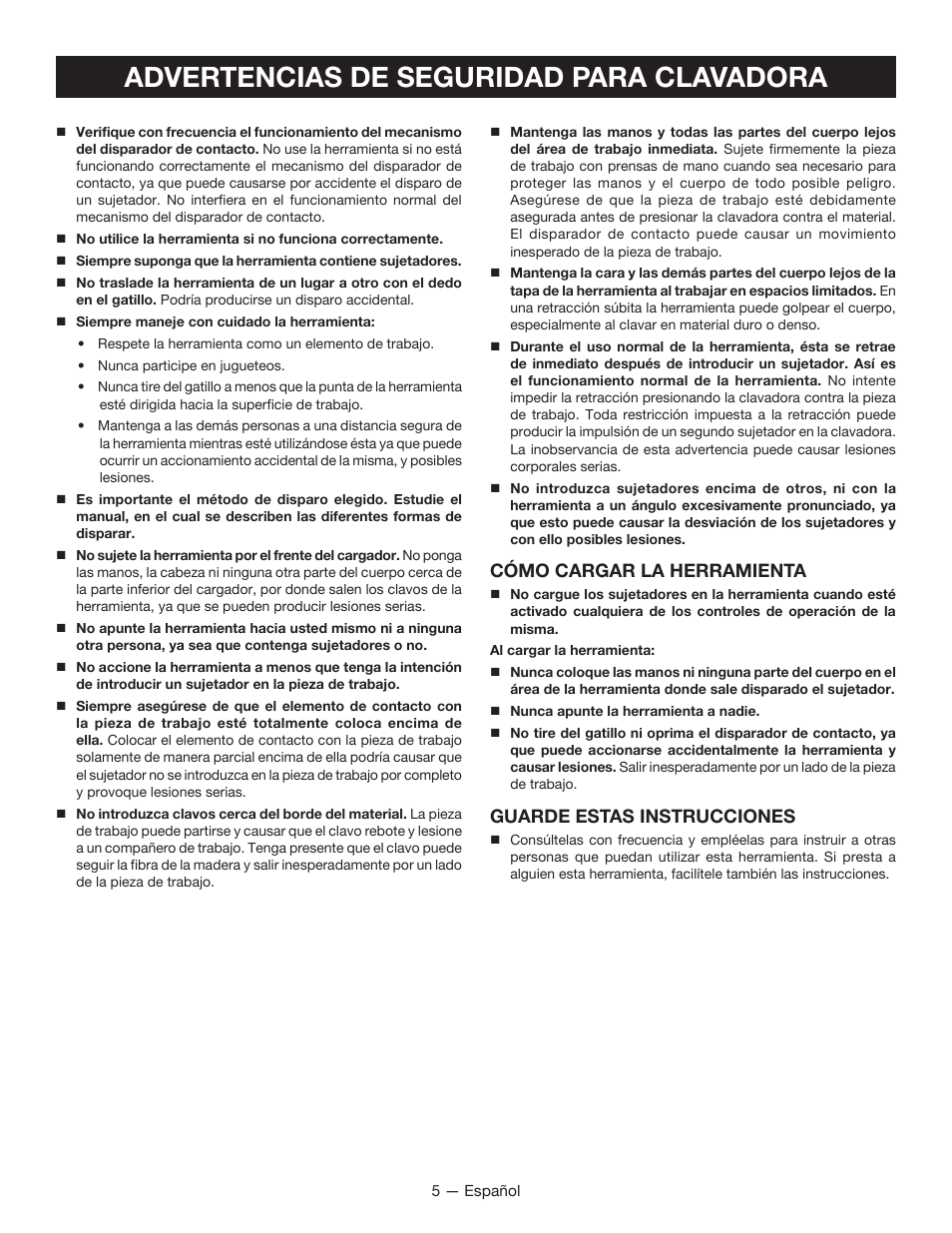 Advertencias de seguridad para clavadora, Cómo cargar la herramienta, Guarde estas instrucciones | Ryobi P325 User Manual | Page 25 / 36