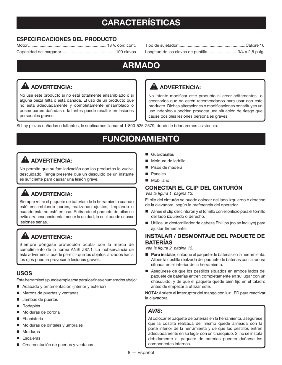 Características, Armado, Funcionamiento | Ryobi P325 User Manual | Page 28 / 36