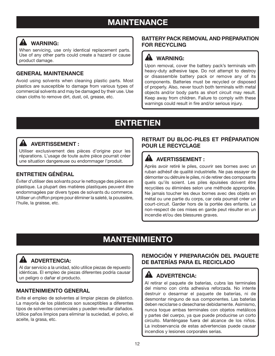 Maintenance entretien mantenimiento | Ryobi P325 User Manual | Page 32 / 36