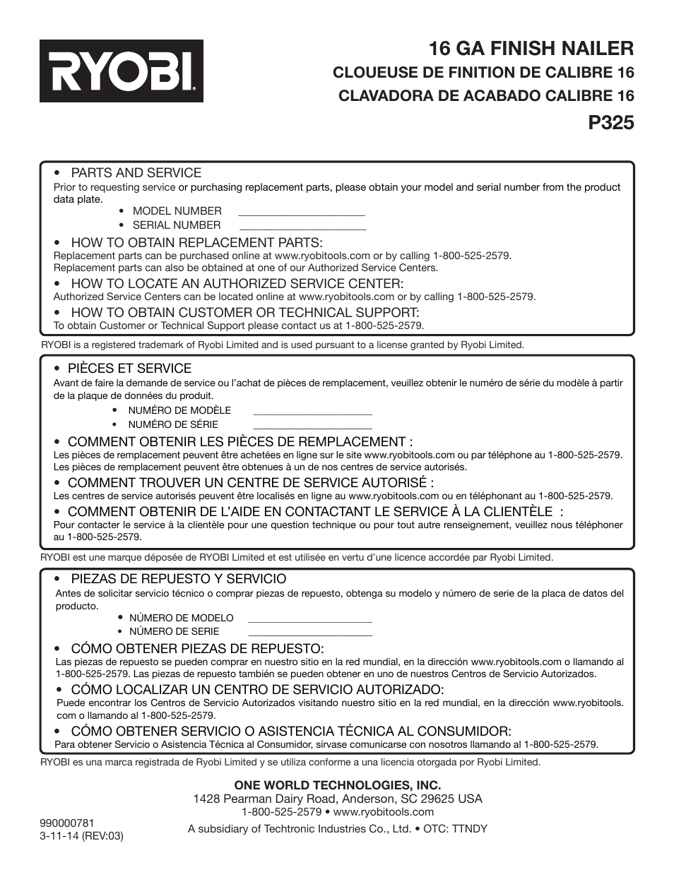 16 ga finish nailer, P325 | Ryobi P325 User Manual | Page 36 / 36