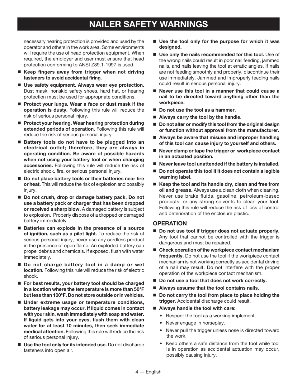 Nailer safety warnings | Ryobi P325 User Manual | Page 4 / 36