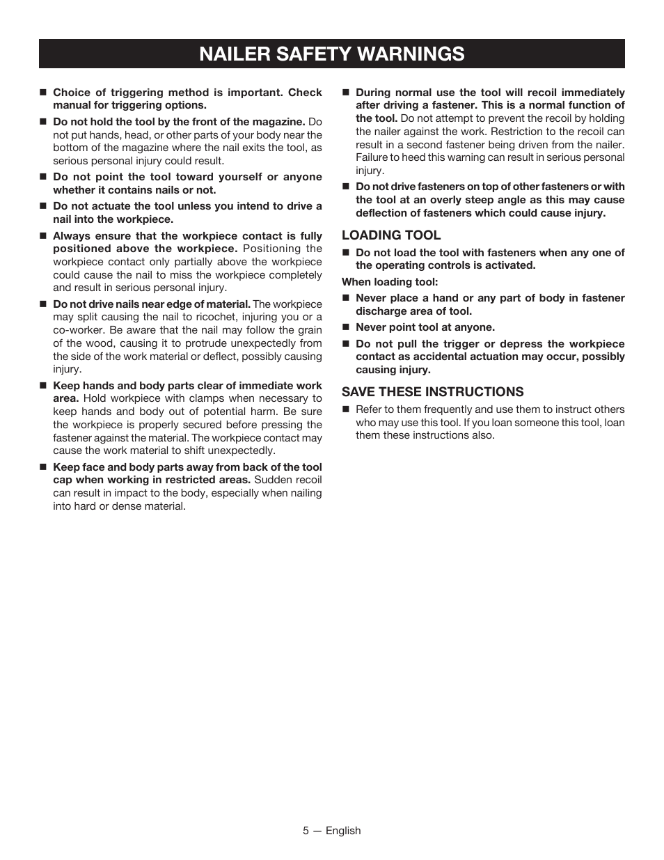 Nailer safety warnings | Ryobi P325 User Manual | Page 5 / 36