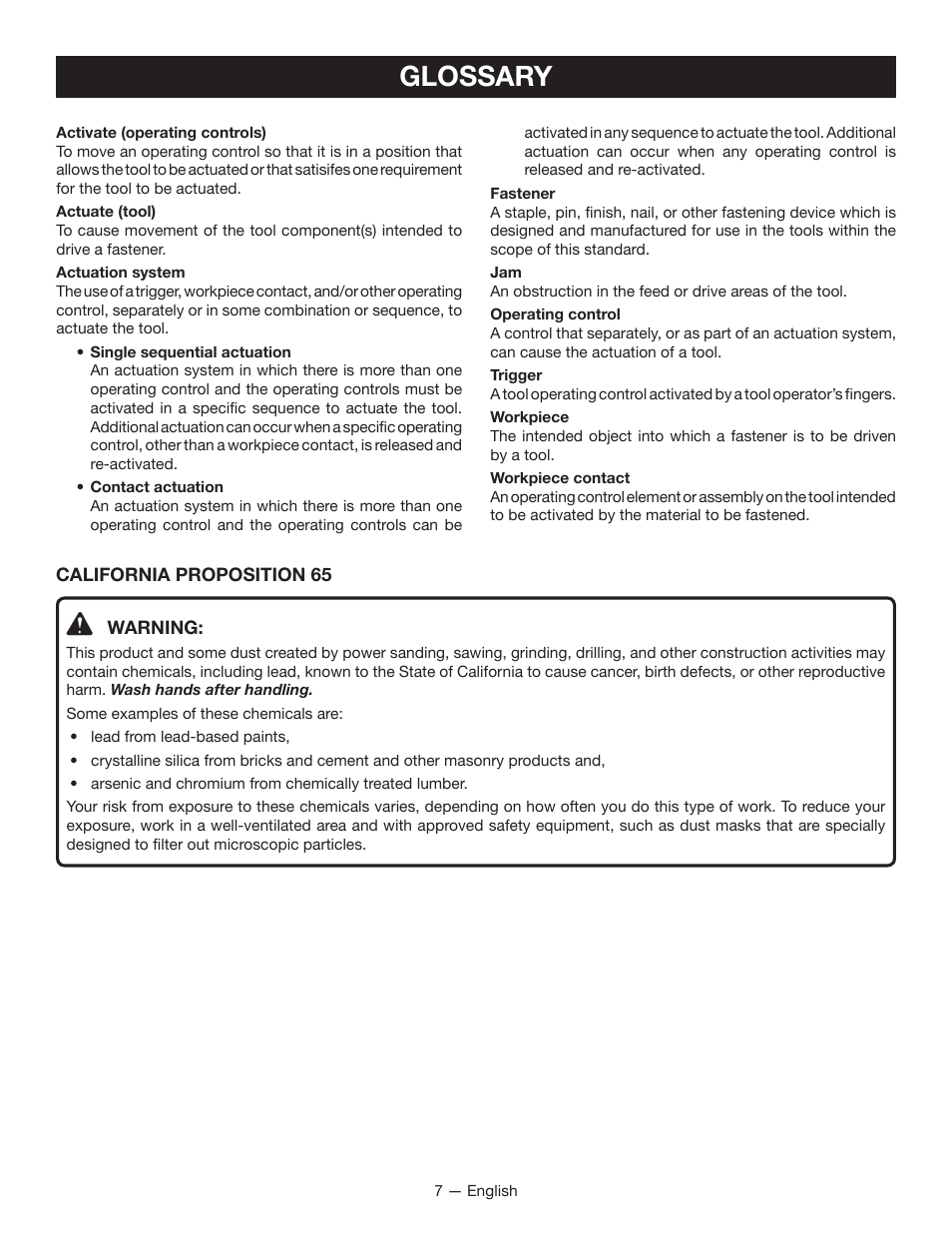 Glossary | Ryobi P325 User Manual | Page 7 / 36