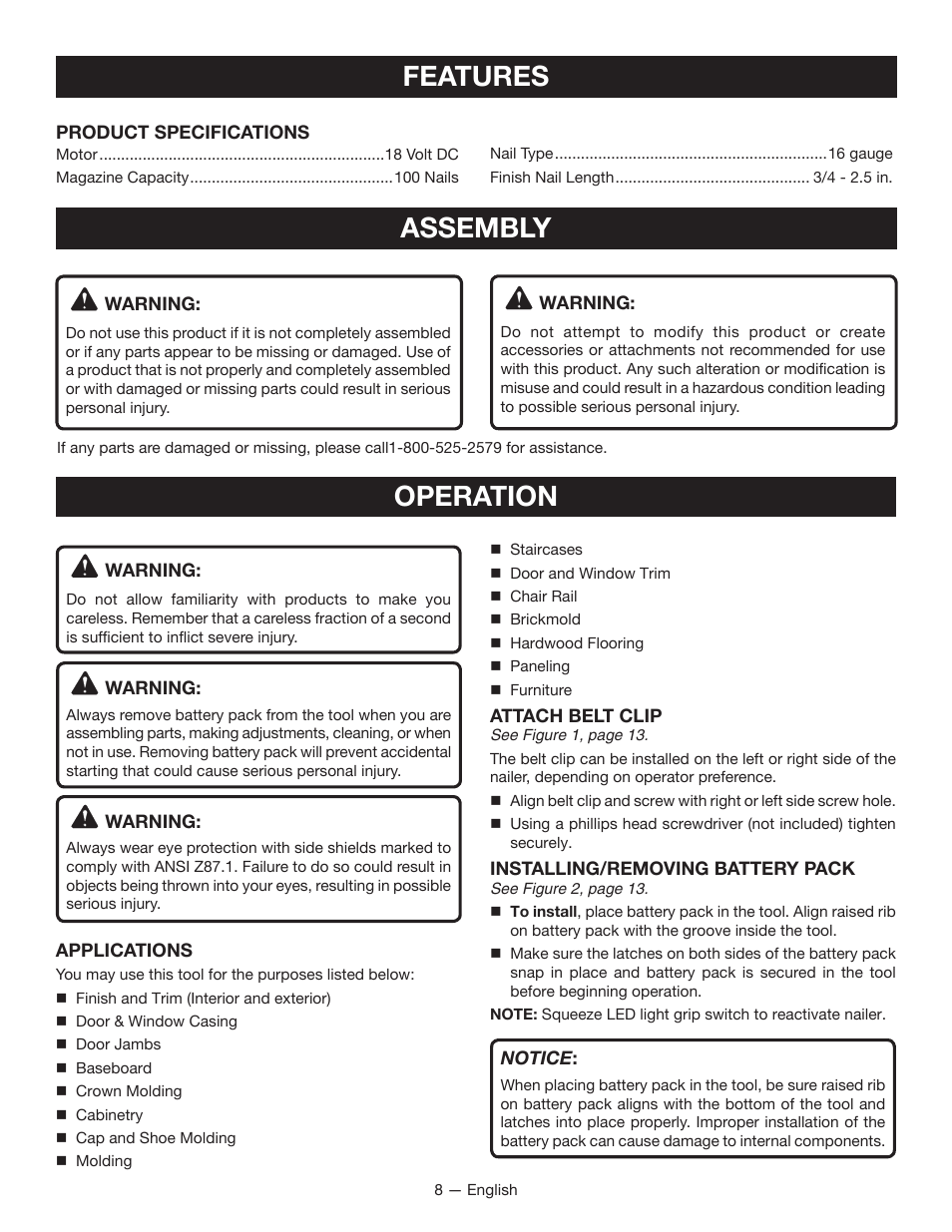 Features, Assembly, Operation | Ryobi P325 User Manual | Page 8 / 36