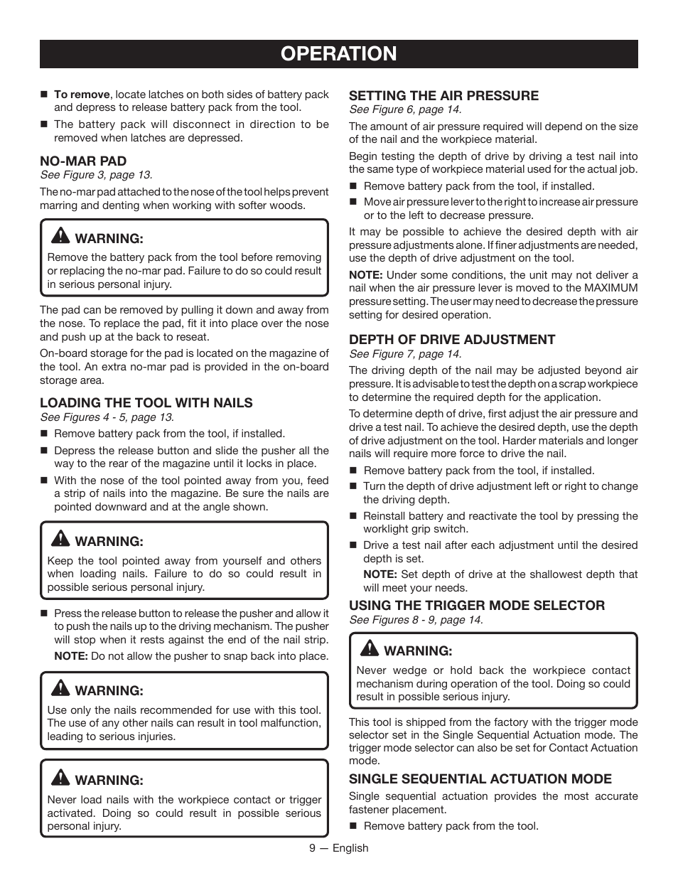 Operation | Ryobi P325 User Manual | Page 9 / 36