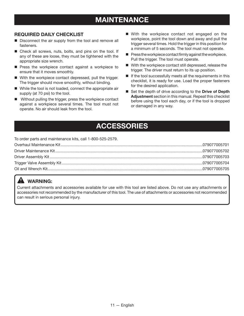 Maintenance, Accessories | Ryobi YG250FS User Manual | Page 11 / 40