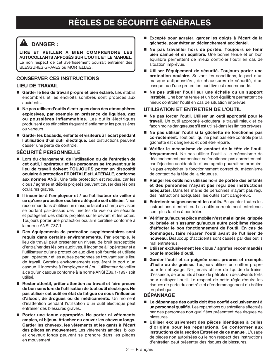 Règles de sécurité générales, Danger | Ryobi YG250FS User Manual | Page 13 / 40