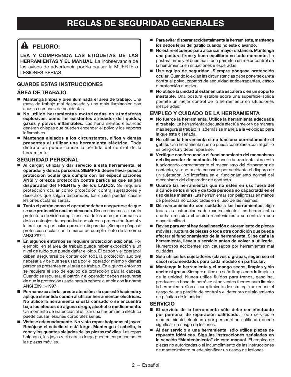 Reglas de seguridad generales, Peligro | Ryobi YG250FS User Manual | Page 24 / 40