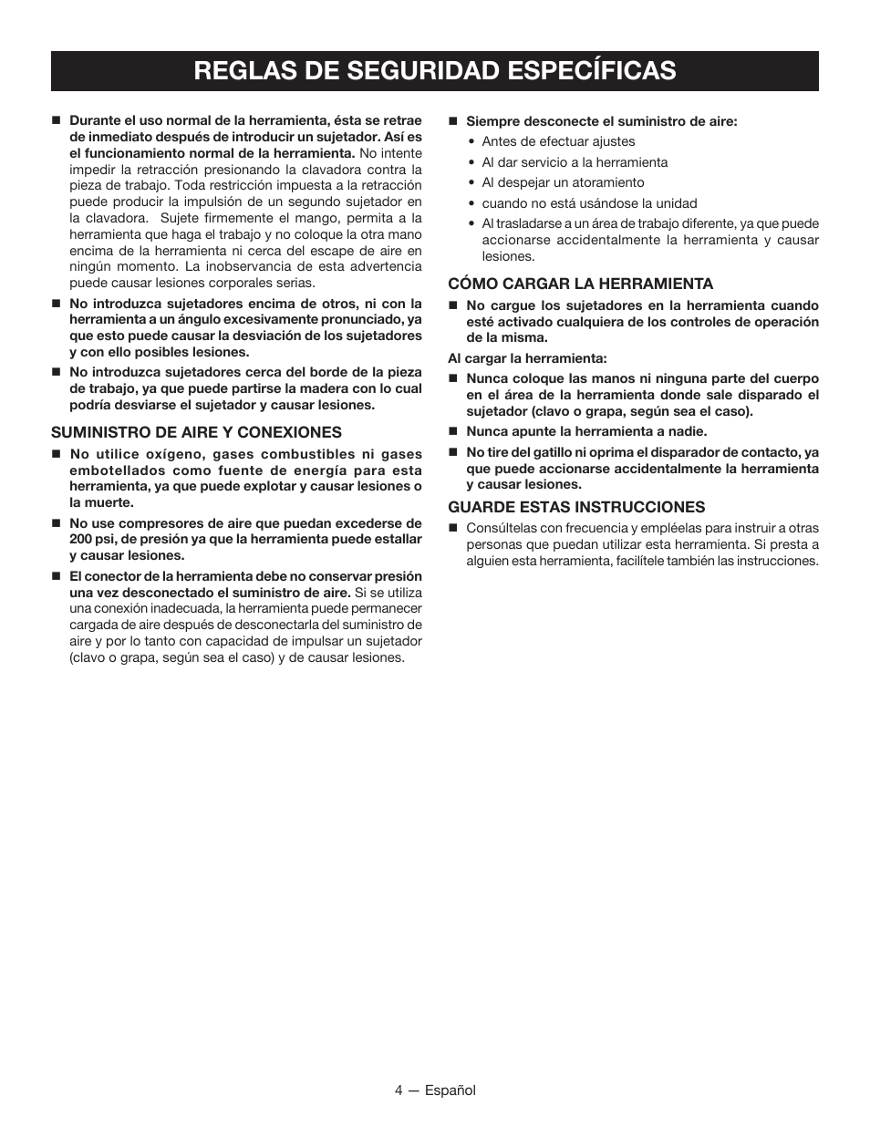 Reglas de seguridad específicas | Ryobi YG250FS User Manual | Page 26 / 40