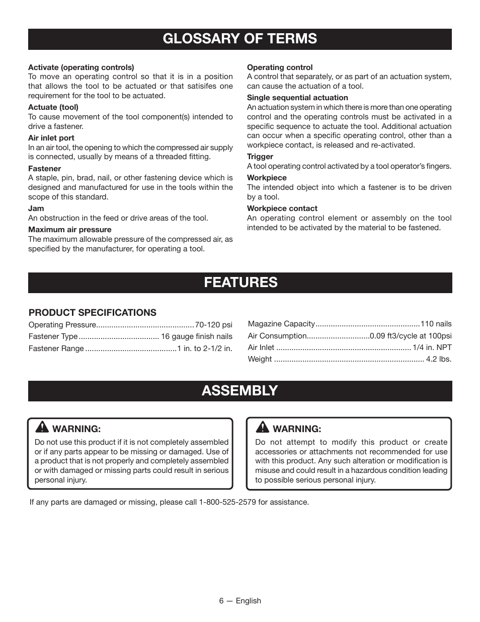 Glossary of terms, Features, Assembly | Ryobi YG250FS User Manual | Page 6 / 40