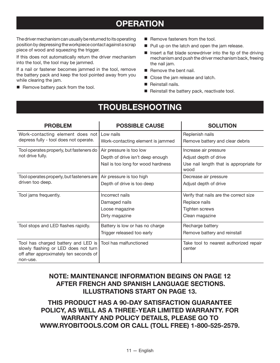 Operation, Troubleshooting | Ryobi P330 User Manual | Page 11 / 36