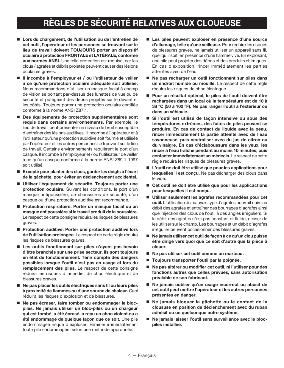 Règles de sécurité relatives aux cloueuse | Ryobi P330 User Manual | Page 14 / 36