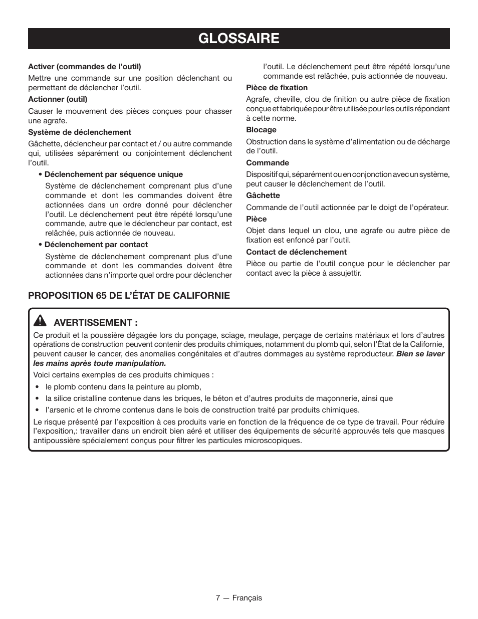 Glossaire | Ryobi P330 User Manual | Page 17 / 36