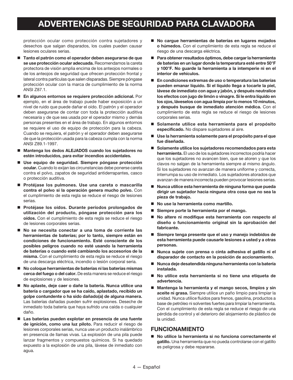 Advertencias de seguridad para clavadora, Funcionamiento | Ryobi P330 User Manual | Page 24 / 36