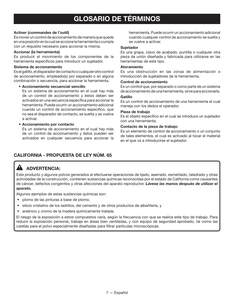 Glosario de términos | Ryobi P330 User Manual | Page 27 / 36