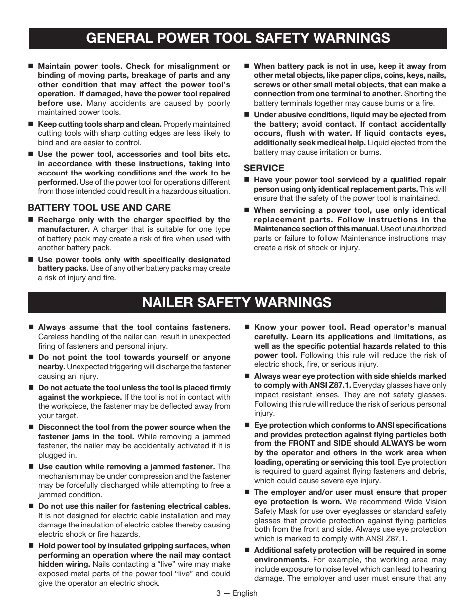General power tool safety warnings, Nailer safety warnings | Ryobi P330 User Manual | Page 3 / 36