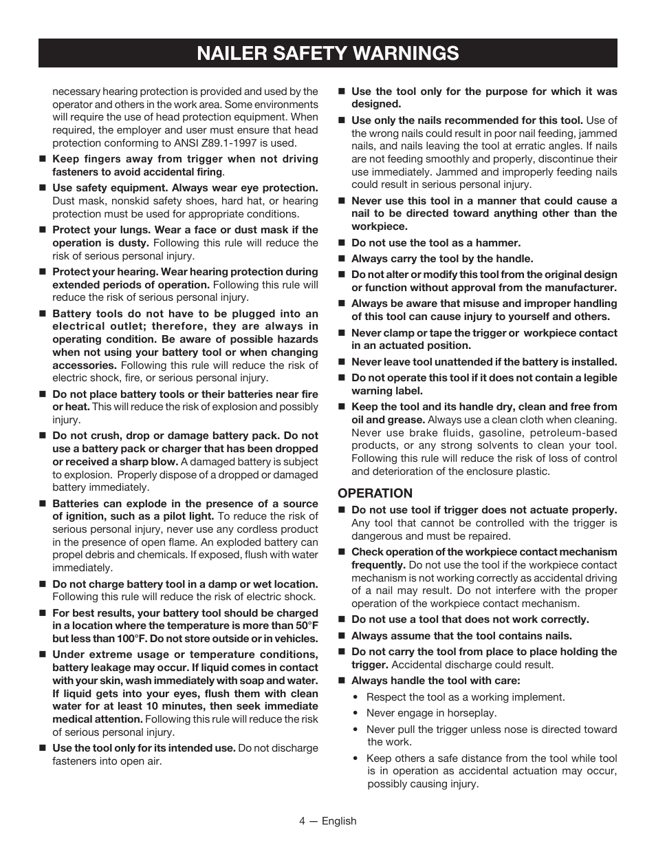 Nailer safety warnings | Ryobi P330 User Manual | Page 4 / 36