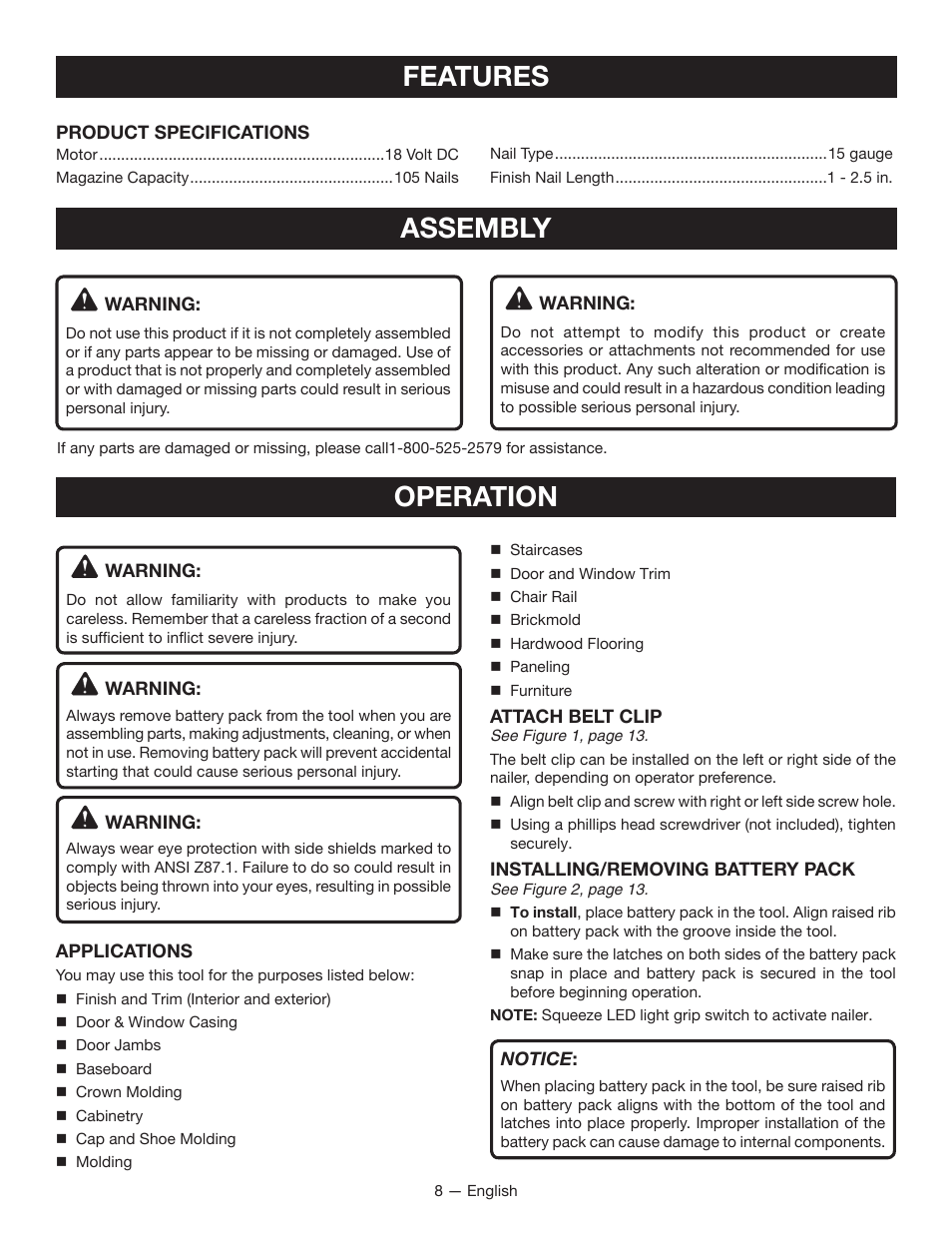 Features, Assembly, Operation | Ryobi P330 User Manual | Page 8 / 36