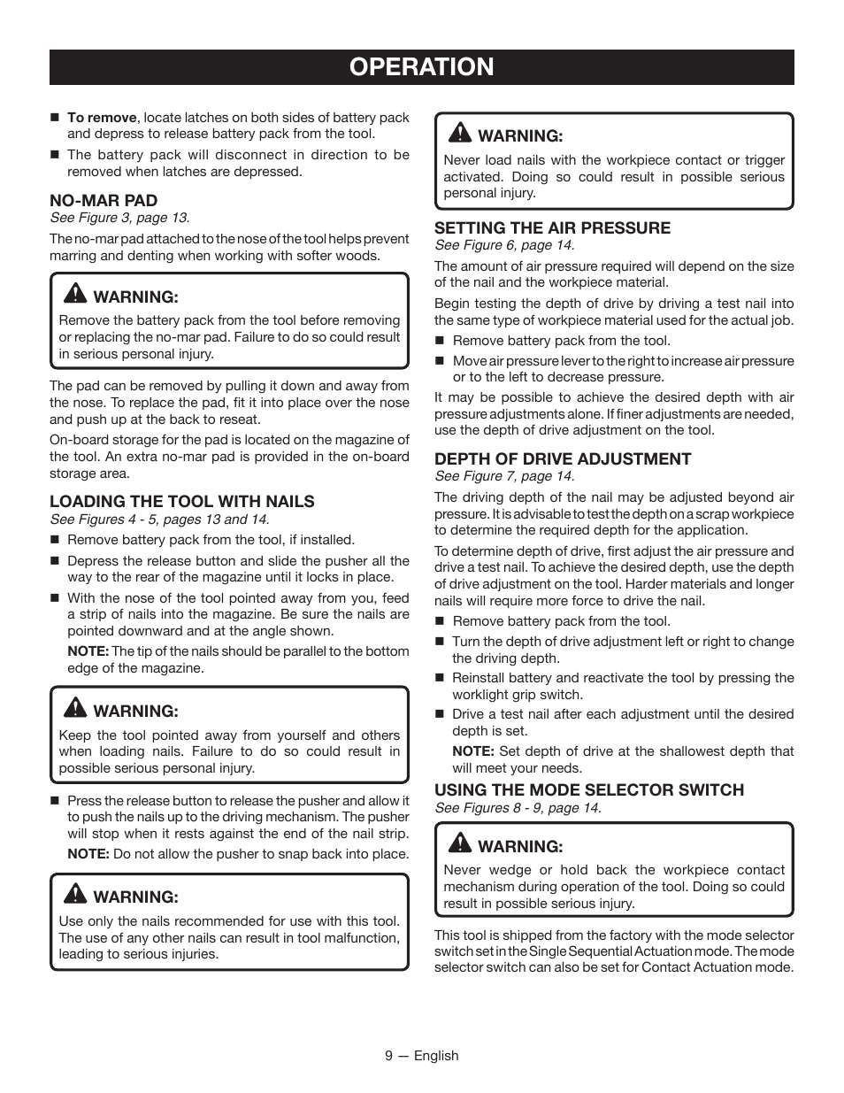 Operation | Ryobi P330 User Manual | Page 9 / 36