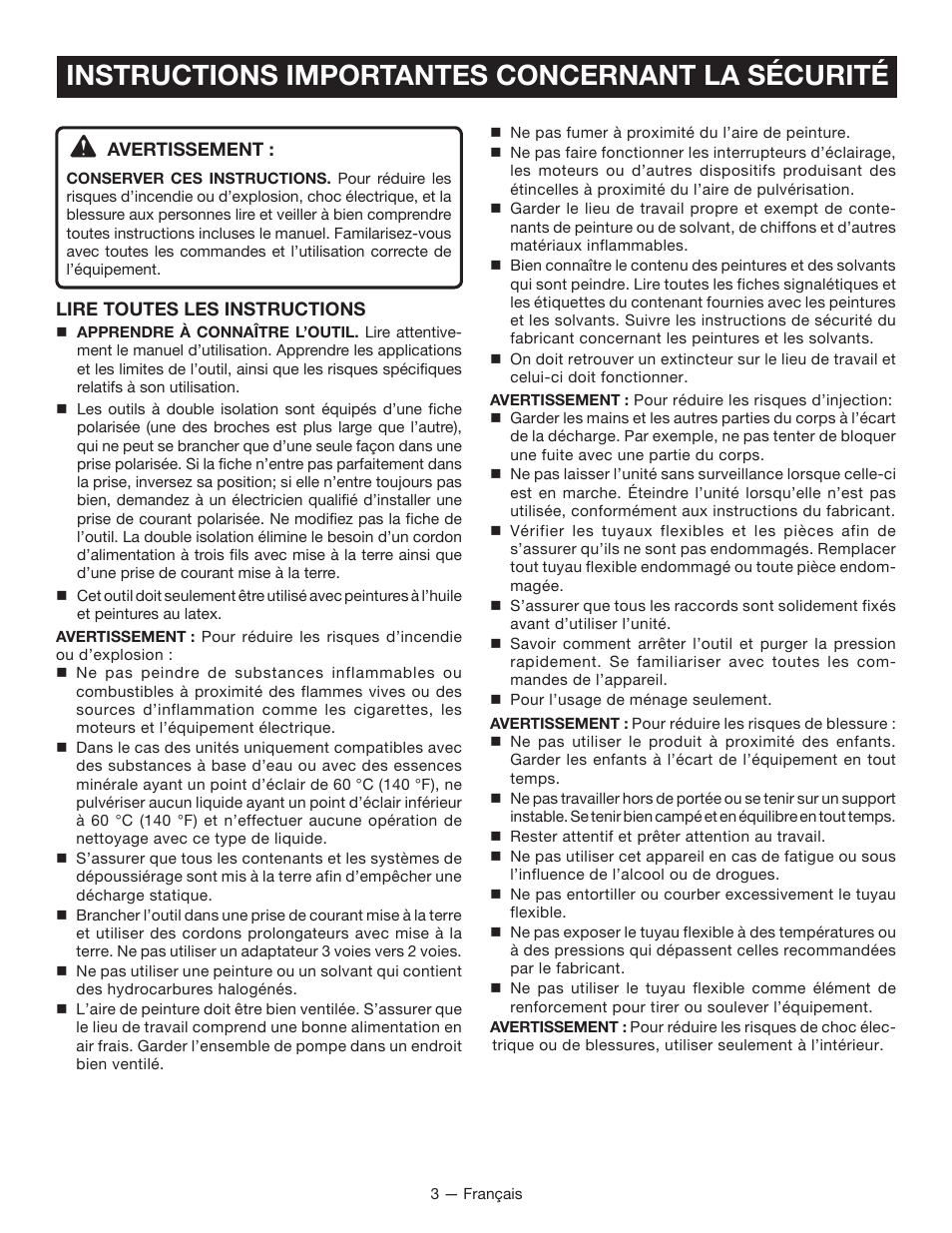 Instructions importantes concernant la sécurité | Ryobi FPR2000 User Manual | Page 12 / 32