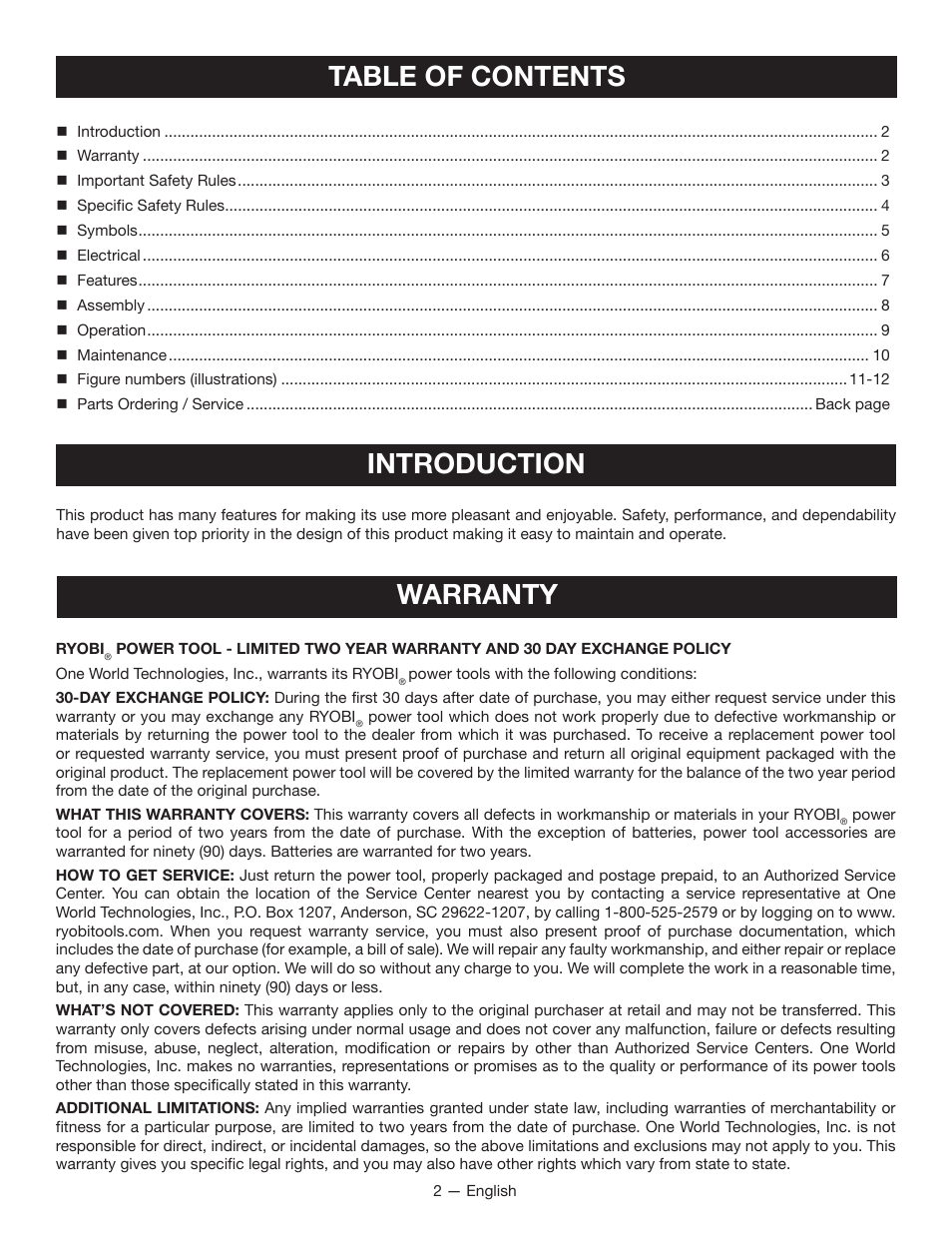 Table of contents introduction, Warranty | Ryobi FPR2000 User Manual | Page 2 / 32